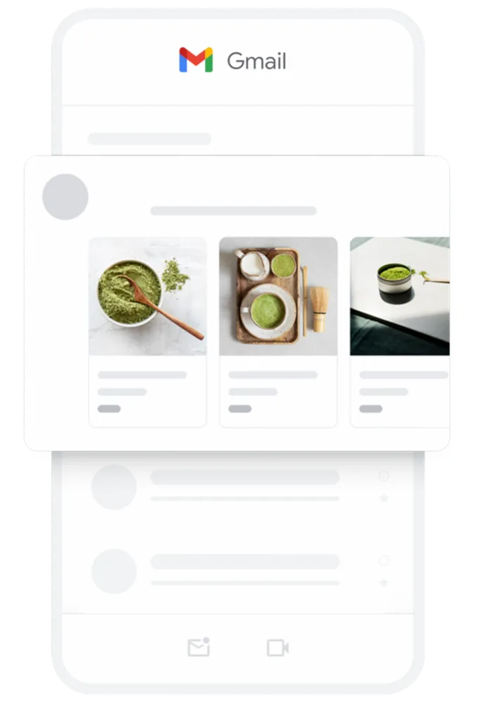 Gmailのプロモーションタブでの広告表示イメージ。タップで開くと画像付きの商品カルーセルが表示されている